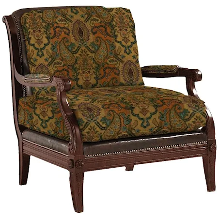 Customizable Sanderson Leather/Fabric-Upholstered Exposed Wood Chair with Decorative Nailhead Trim